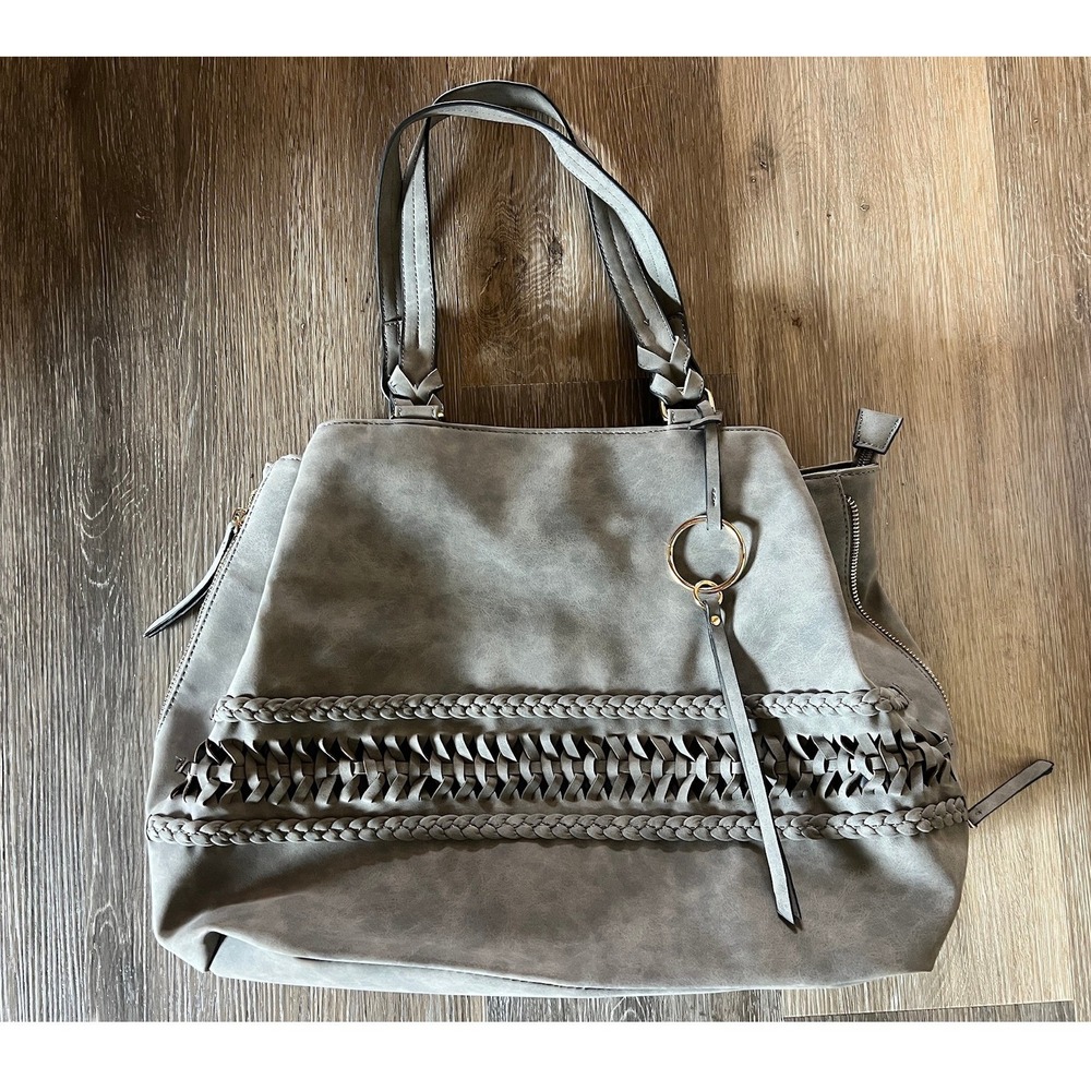 Braided Lattice Satchel Tote Large Grey Boho Multi-Pocket Bag Vegan Leather